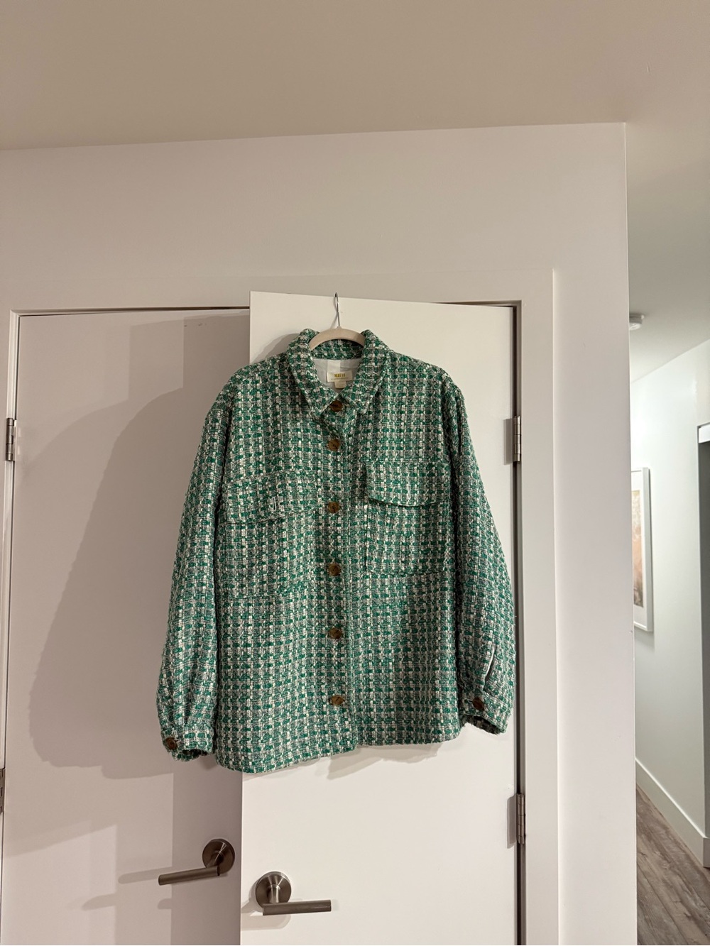 Maeve Green Tweed Jacket with Contrast Buttons